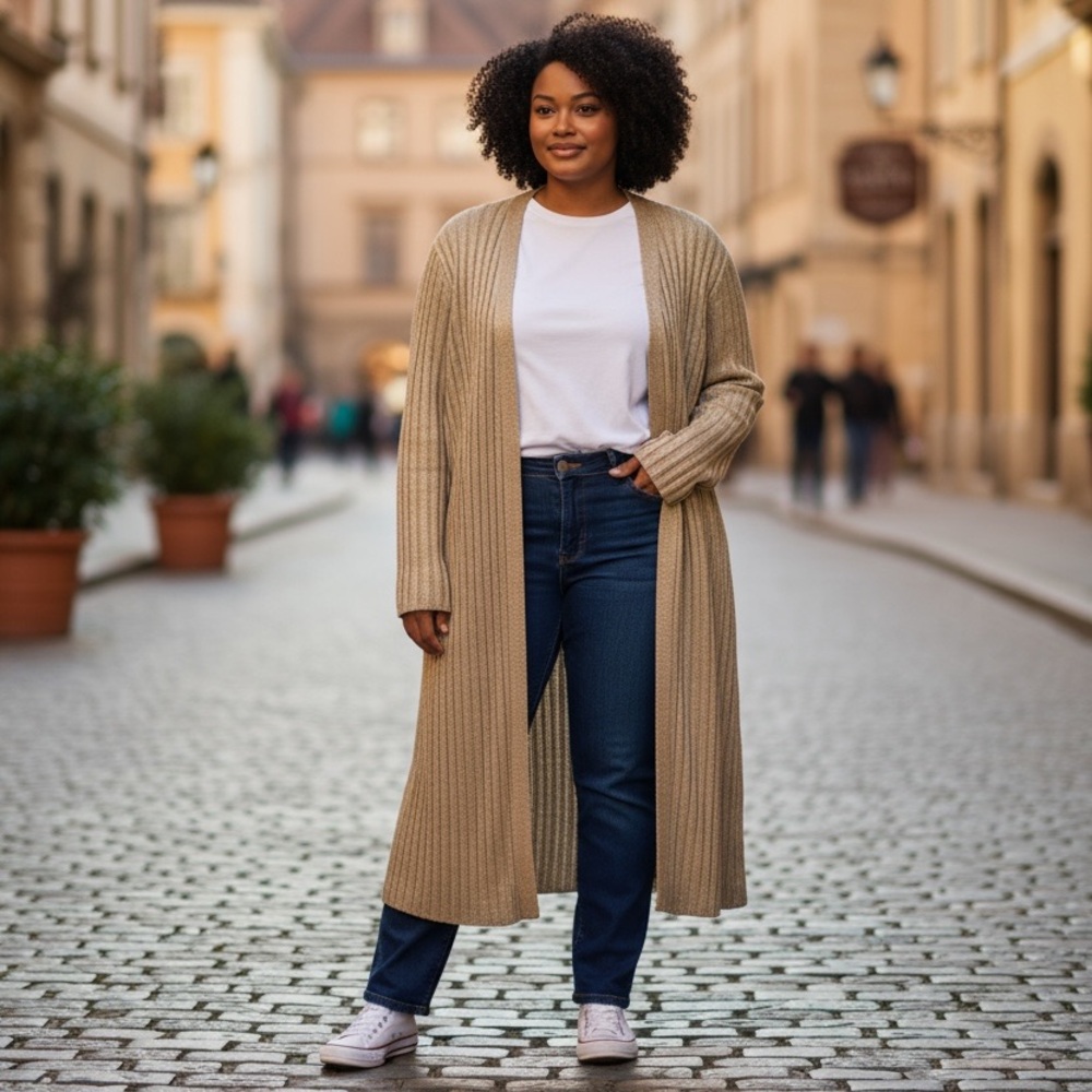 Cato Ribbed‎ Knit Cardigan in Tan/Gold Sparkle